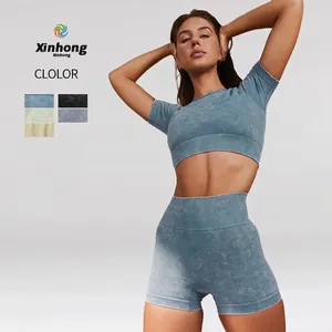 Ensemble de Yoga Sans Couture pour Femmes Délavé à l'Acide Haut et Bas Vintage Extensible Crop Top Short Taille Haute Fitness