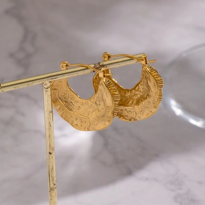 Minimalist gold leaf textured stainless steel hoop earrings with hammered metal finish