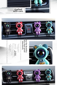 Detail view of astronaut bear car air vent clips in four colors with metallic visor