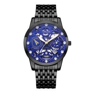 Detail of ORUSS skeleton quartz watch with 500M waterproof dial and steel gear structure