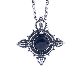 Punk style stainless steel vajra pendant with dark blue sandstone inlay on silver chain