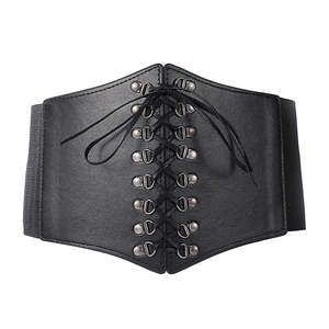 Vintage black corset belt for women featuring lace-up front and elastic waist band