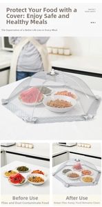 Macro detail of the fine mesh foldable food cover protecting meals from flies and dust