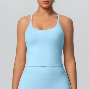 Détail de la brassière de yoga bleu clair avec fines bretelles et large bande