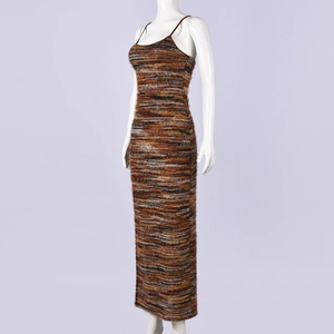 Detail of multi-color striped knit maxi dress with side slit and fuzzy texture