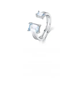 Detail of S925 sterling silver ring featuring double-layer bands and blue gemstones