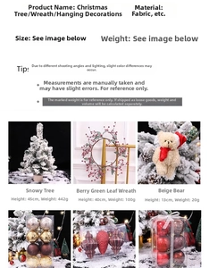 Detailed catalog showing a 45cm snow-flocked Christmas tree and berry wreath with dimensions