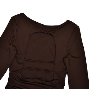 Detailed back view of dark brown mesh dress with circular cutout and horizontal stitching
