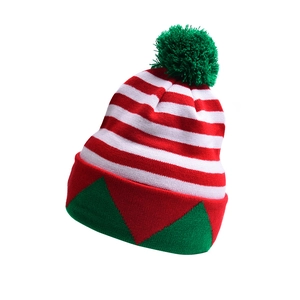 Knit Christmas elf hat with red white stripes and green pom-pom on white background