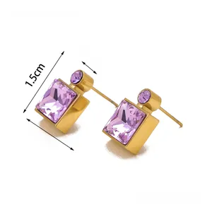 Detailed view of geometric square purple crystal earrings with gold plating and dimensions
