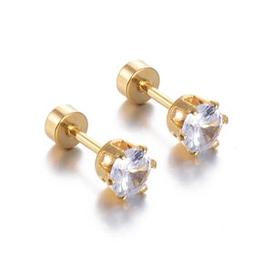 Detail of gold-plated stud earrings featuring round cubic zirconia in a six-claw setting