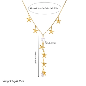 Gold Y-shaped stainless steel necklace with starfish pendants and pearl tassels
