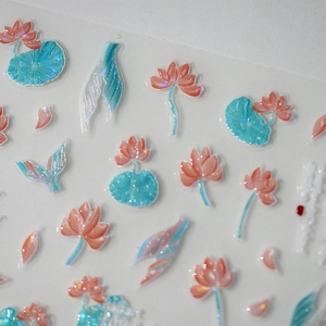 3D embossed lotus flower nail stickers with holographic matte finish for manicures