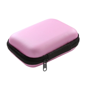 Pink square hard shell storage case with black zipper for earphones and USB cables