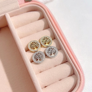 Tree Of Life Round Stud Earrings For Women Stainless Steel Rhinestone Hollow Geometric Vintage Fashion Jewelry