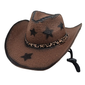 Western Cowboy Straw Hat Leopard Print Band Star Pattern Sun Protection Beach Outdoor Vintage Men Women Adjustable Strap