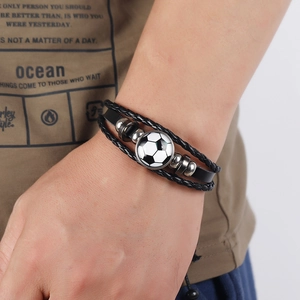 Braided black leather soccer bracelet with silver beads and football glass charm