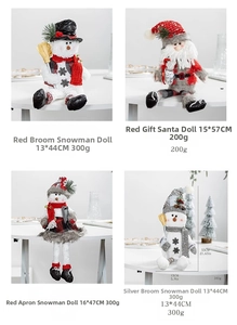 Detail view of four Nordic Christmas plush dolls including gnomes and snowmen with dimensions