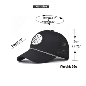 Detail view of black trucker hat with size chart, laser-cut mesh, and wind rope accent