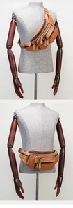 Dual view of brown leather bag worn as a crossbody chest pack and a waist bag on a mannequin