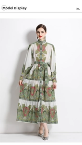 Close-up of vintage paisley print and tiered hem on this long-sleeve maxi dress