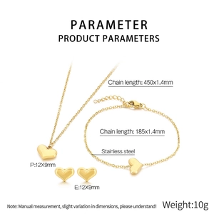 Detailed size specifications for 18K gold-plated stainless steel heart jewelry set
