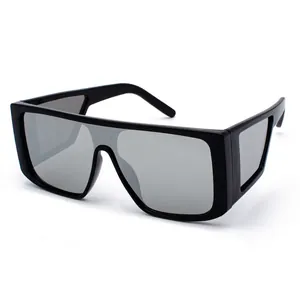 Retro oversized square sunglasses with wide black frame and mirrored silver lenses