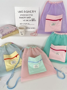 Mesh Drawstring Backpack Polyester Breathable Contrast Color Macaron Style School Travel Lightweight Bag