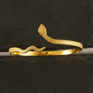 Gros plan d'un bracelet serpent doré avec écailles détaillées sur fond de roche sombre