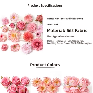 Cuadrícula detallada de cabezas de flores de seda rosa con medidas para bodas