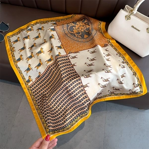 Silk feel square scarf with classic horse and geometric patterns in yellow and orange