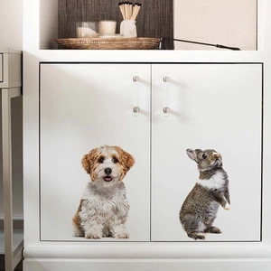 Cute puppy and bunny wall stickers applied on white cabinet for home decoration