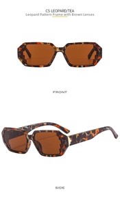 Detail view of leopard print rectangle sunglasses with golden H-shaped metal temple decor
