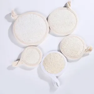Natural loofah bath pads with hanging loop available in small, medium, and large sizes