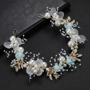 Handmade bridal headband with white pearls, blue flowers and golden leaves for weddings