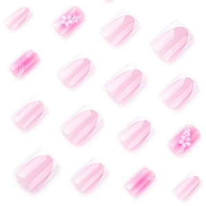 French style white and pink press-on nails with 3D flower and gradient dot designs