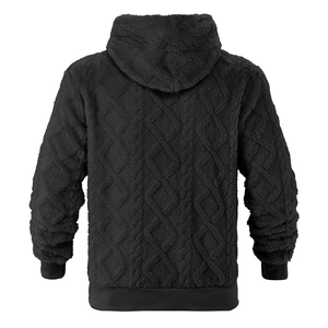 Back view of heavy black fleece hoodie featuring embossed cable knit texture and ribbed hem