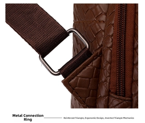 Close-up of woven leather texture with reinforced metal ring and triangular stitching