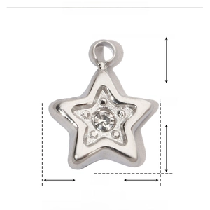 Macro shot of a stainless steel star pendant showing size dimensions 7mm by 8mm