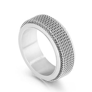 Men's silver spinner ring with mesh woven texture made of polished stainless steel