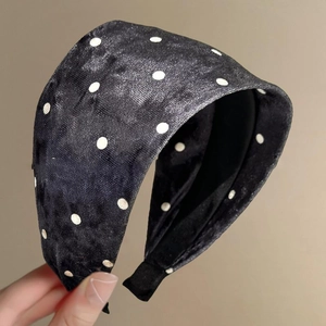 Serre-tête large en velours noir à pois blancs pour un style vintage rétro élégant