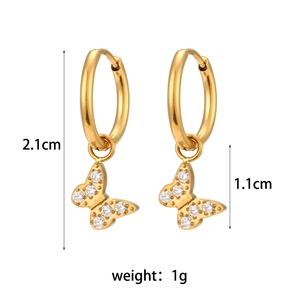 Detail view of gold butterfly earrings with zircon stones showing 2.1cm size and 1g weight