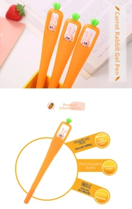 Macro detail of silicone carrot pen with rabbit topper and replaceable ink core