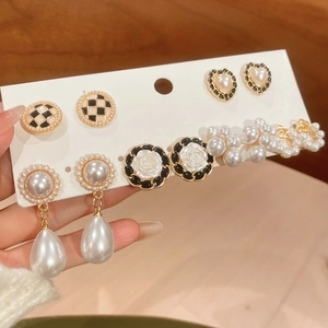 Set of 6 assorted pearl earrings including camellia flower and checkered round designs