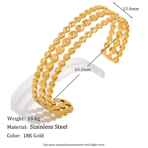 Three-layer 18K gold plated stainless steel cuff bracelet with bead texture on white background