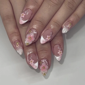 Press On Nails Almond Shape 3D Embossed Flower French Gradient Pink White Faux Artificial Pearl Gold Rivet Elegant Lady