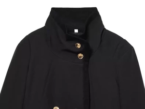 Detail view of women's black jacket featuring a chic stand collar and premium gold buttons