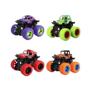 Four colorful inertial monster trucks with large off-road tires and spring suspension