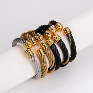 Adjustable stainless steel cable wire open bangles in gold, silver and black finishes