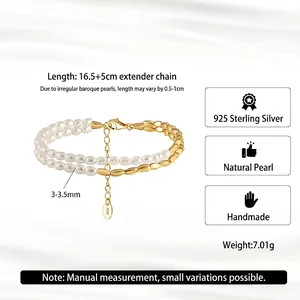 Double-layered 925 silver gold-plated bracelet with white 3mm freshwater pearls